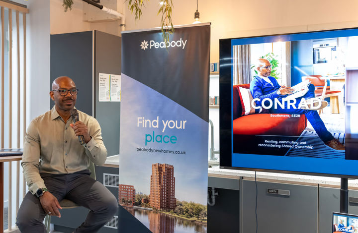 Homeowner sat giving talk on Shared Ownership at Peabody Offices