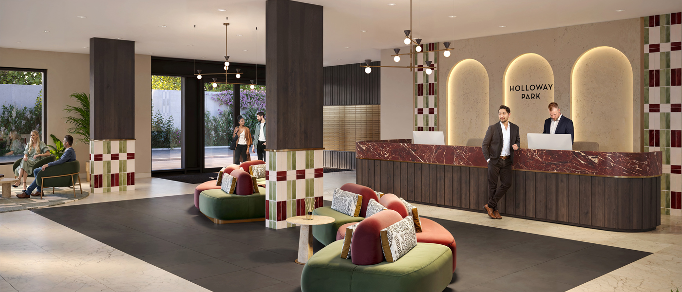 A computer generated image of the concierge area and residents lobby at Holloway Park, Islington