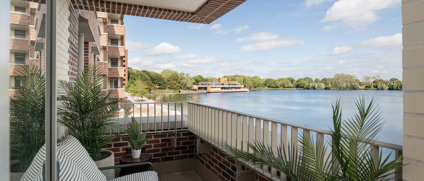 Spacious balcony with lake views in Southmere apartments, Abbey Wood.